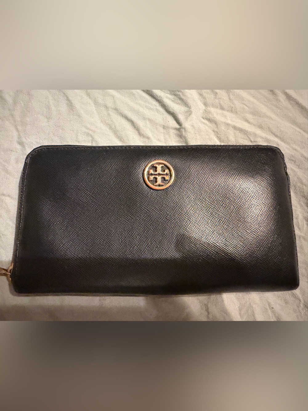 Tory Burch Black Saffiano Leather Zip Around Wallet with Gold Logo